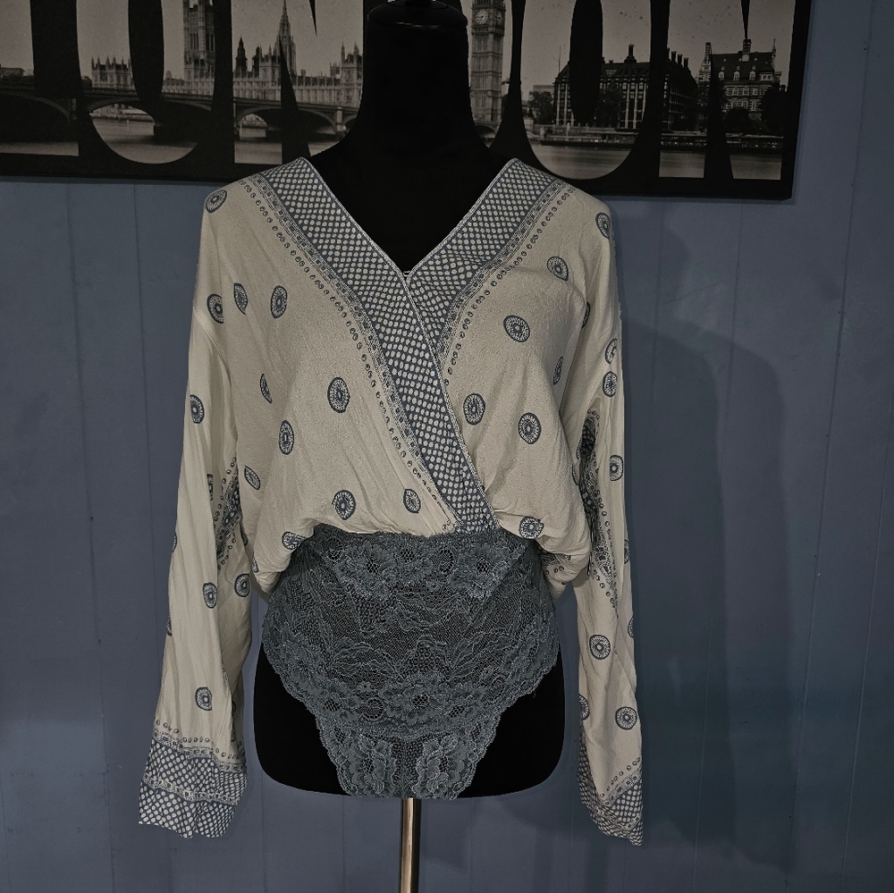 Free People Intimately Elegant Lace Bottom Bodysuit with Patterned Wrap Top